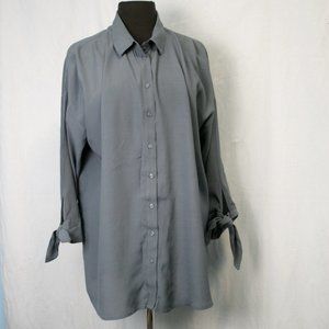 Steel Blue Loose Blouse with Tie-Up Cuffs